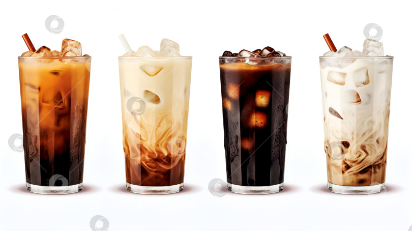 Скачать Набор из разных сортов черного кофе со льдом и кофе латте со льдом с молоком в высоком стакане на белом фоне. Модные кофейные напитки: карамельный латте, американо, пузырьковый кофе, фраппе, мокко, макиато фотосток Ozero