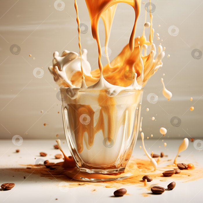 Скачать Креативный рекламный баннер Dalgona Coffee с брызгами кофе и молока. Модный кофейный напиток, минималистичная концепция. Растворимый кофе взбивают с сахаром и смешивают с животным или веганским молоком. Кофе с молоком фотосток Ozero