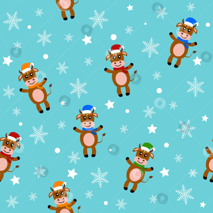 Скачать Бесшовный узор с коровами, снежинками, звездами на синем фоне для декора с Рождеством и Новым годом фотосток Ozero