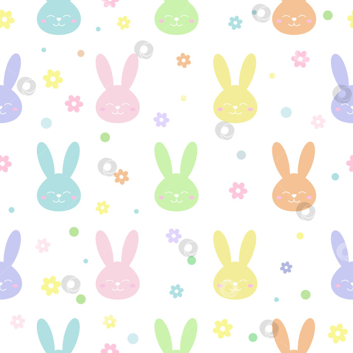 Скачать Бесшовный пасхальный узор с разноцветными кроликами и цветами в пастельных тонах на белом фоне. Паттерн, бесконечный фон, цветы, кролики фотосток Ozero