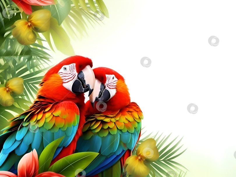 Скачать Птицы Ара на экзотическом фоне, скопируйте пространство. Два разноцветных попугая ара макао целуются и обнимаются, они счастливы. Разноцветные домашние животные. Обнимающиеся животные. День любви и национальных объятий. Шаблон обложки для блокнота фотосток Ozero