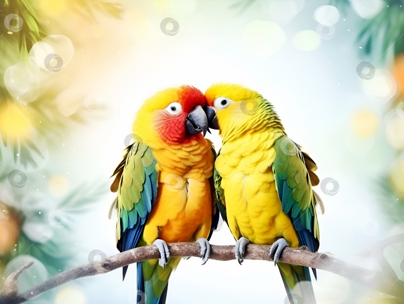 Скачать Попугаи-неразлучники на фоне джунглей. Два разноцветных попугая-неразлучника целуются на ветке и счастливы. Разноцветные домашние животные. Обнимающиеся животные. Баннер любви. Национальный день объятий фотосток Ozero