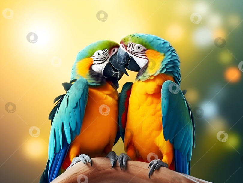 Скачать Желто-голубые попугаи-неразлучники на фоне боке. Два разноцветных влюбленных попугая-неразлучника сидят на ветке, целуются и выглядят счастливыми. Разноцветные домашние животные. Обнимающиеся животные. Баннер любви. Национальный день объятий фотосток Ozero