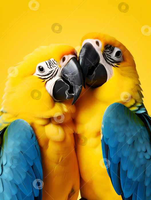 Скачать Желто-голубые попугаи-неразлучники на желтом фоне. Два разноцветных влюбленных попугая-неразлучника. Разноцветные домашние животные. Обнимающие животных. Баннер с любовью. Концепция национального дня объятий. Шаблон обложки для блокнота или открытки фотосток Ozero