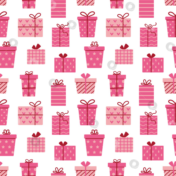 Скачать Векторный бесшовный узор на день Святого Валентина с подарочными коробками. Праздничные розовые подарки на белом фоне. Принт с подарками на день рождения или день Святого Валентина. Дизайн упаковки и текстиля. фотосток Ozero