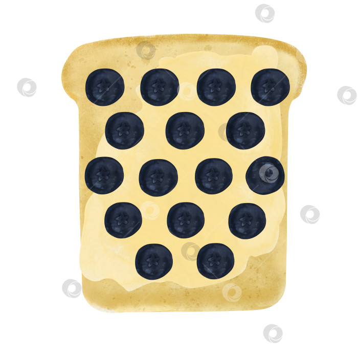 Скачать Ягодный акварельный тост с брускеттой и черникой, иллюстрация еды на белом фоне. Полезный сладкий вегетарианский завтрак фотосток Ozero