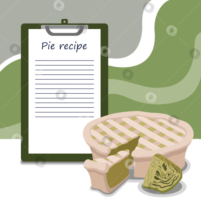 Скачать Шаблон рецепта пирога с капустой, место для написания текста, свободные строки, готовый вкусный пирог фотосток Ozero