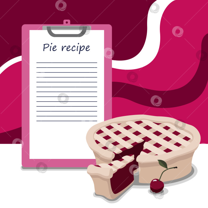 Скачать Шаблон рецепта вишневого пирога, место для написания текста, свободные строки, рядом с готовым вкусным пирогом фотосток Ozero