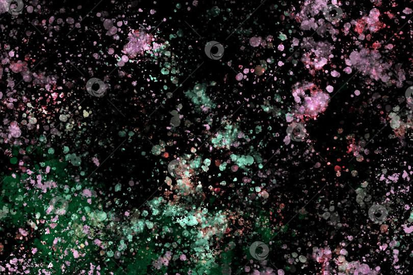 Скачать Абстрактная акварельная текстура. Светящиеся брызги зеленой и розовой акварели на черном фоне. Иллюстрация. фотосток Ozero