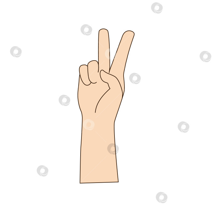 Скачать Изолированная рука, жест двумя пальцами вверх. Векторная иллюстрация бежевого цвета. На руке изображен номер два. фотосток Ozero
