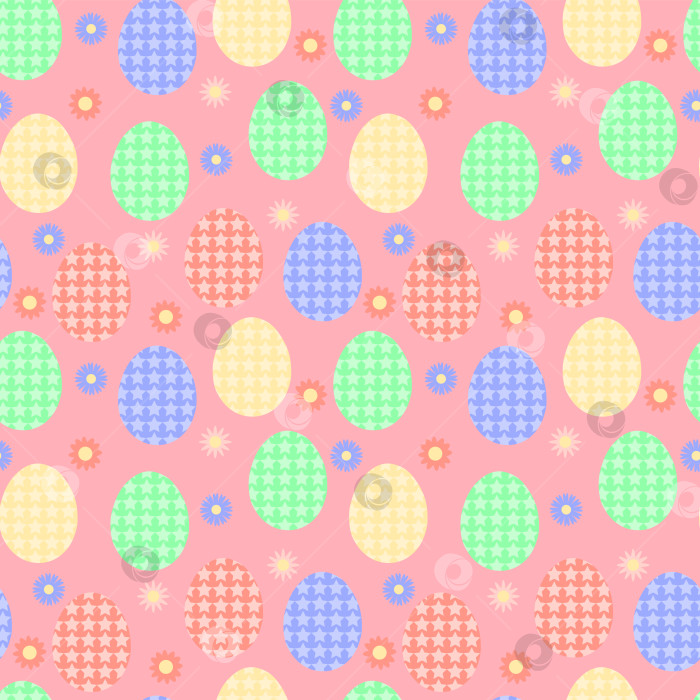 Скачать Векторный цветной бесшовный узор пасхальных яиц для пасхальных праздников на розовом фоне. Узоры, цветы, линии, звезды. Векторная иллюстрация. EPS 10, в стиле каракулей фотосток Ozero