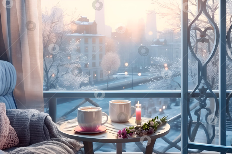 Скачать Интерьер с уютным диваном и столиком с кофе на двоих и цветами на фоне зимнего города за окном фотосток Ozero