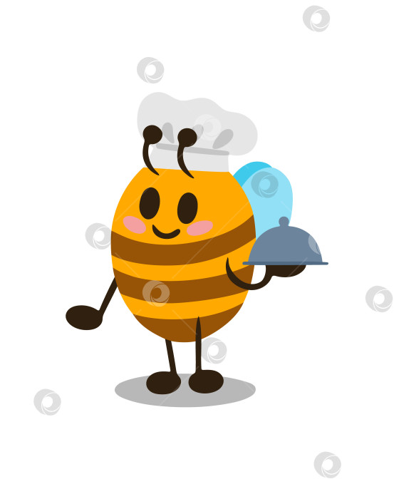 Скачать Пчелиный повар с подносом в лапках. Векторная иллюстрация. Элемент дизайна для веб-сайтов с баннерным меню. Выделен на белом фоне. фотосток Ozero