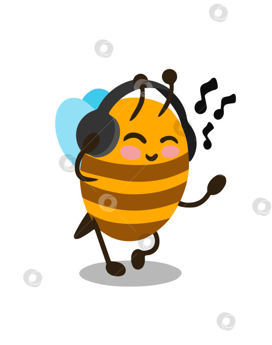 Скачать Векторная иллюстрация. Пчела слушает и танцует под музыку из наушников. Элемент дизайна, выделенный на белом фоне. фотосток Ozero