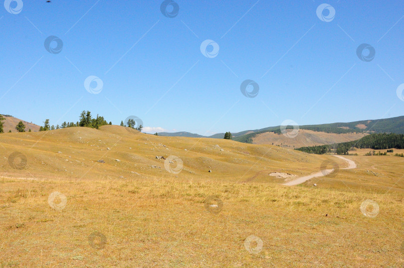 Скачать Полевая дорога, огибающая высокие холмы в осенней степи. фотосток Ozero