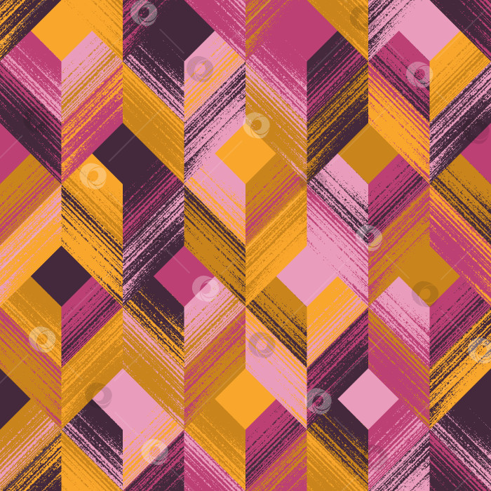 Скачать Абстрактный геометрический бесшовный узор хаотично окрашен в желтый, розовый, фиолетовый, малиновый и горчичный цвета фотосток Ozero