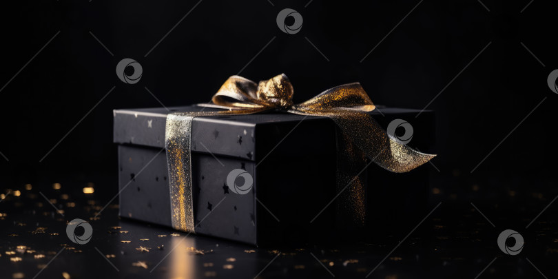 Скачать Черная подарочная коробка с золотой лентой. Элегантная подарочная коробка с золотым бантом на черном фоне, место для копирования. Фон для поздравительной открытки на День рождения, Рождество, Новый год, XMas, юбилей фотосток Ozero