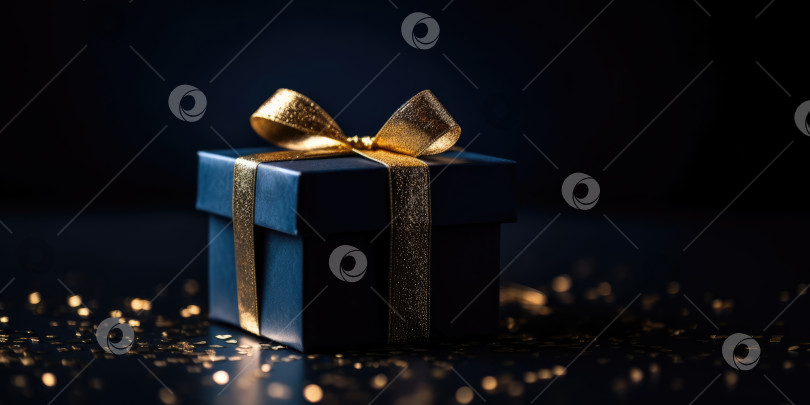 Скачать Синяя подарочная коробка с золотой лентой. Элегантная темно-синяя подарочная коробка с золотым бантом на темном фоне, место для копирования. Фон для поздравительной открытки ко дню рождения, Рождеству, Новому году, Рождественской елке, юбилею фотосток Ozero