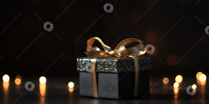 Скачать Черная подарочная коробка с золотой лентой. Элегантная темно-серая подарочная коробка с золотым бантом на праздничном фоне, место для копирования. Фон для поздравительной открытки на День рождения, Рождество, Новый год, юбилей, праздник фотосток Ozero