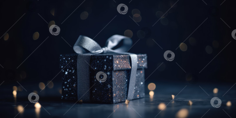 Скачать Синяя подарочная коробка с золотой лентой. Элегантная темно-синяя подарочная коробка с золотым бантом на черном фоне, место для копирования. Фон для поздравительной открытки на День рождения, Рождество, Новый год, XMas, юбилей фотосток Ozero