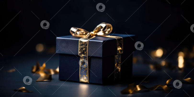 Скачать Синяя подарочная коробка с золотой лентой. Элегантная темно-синяя подарочная коробка с золотым бантом на темном фоне, место для копирования. Фон для поздравительной открытки ко дню рождения, Рождеству, Новому году, Рождественской елке, юбилею фотосток Ozero