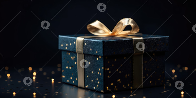 Скачать Синяя подарочная коробка с золотой лентой. Элегантная темно-синяя подарочная коробка с золотым бантом на черном фоне, место для копирования. Фон для поздравительной открытки на День рождения, Рождество, Новый год, XMas фотосток Ozero