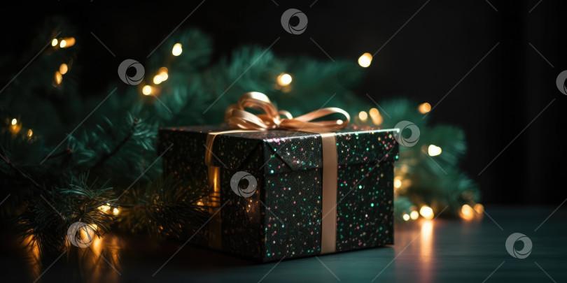 Скачать Зеленая рождественская подарочная коробка с бантом из золотой ленты и ветками рождественской елки с электрической гирляндой на черном фоне. Красивый фон для поздравительной открытки на Рождество, Новый год, xmas фотосток Ozero