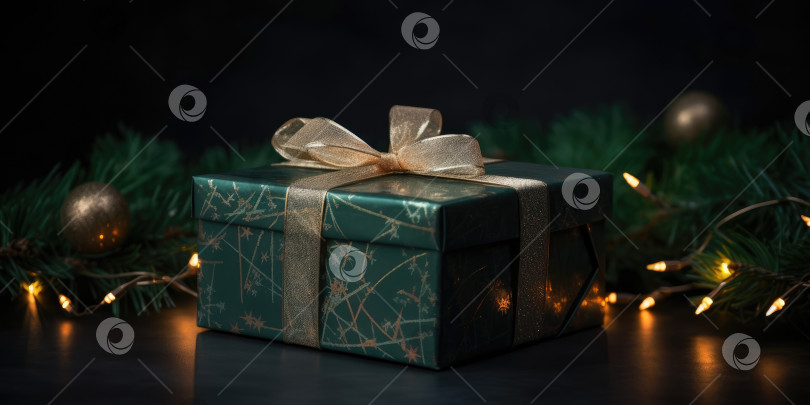 Скачать Рождественская подарочная коробка и ветки рождественской елки с рождественским украшением, электрической гирляндой и огнями на черном фоне. Фон для поздравительной открытки на Рождество, Новый год, xmas фотосток Ozero