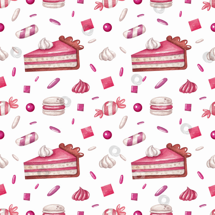 Скачать Бесшовный узор с тортом и различными сладостями на белом фоне. фотосток Ozero