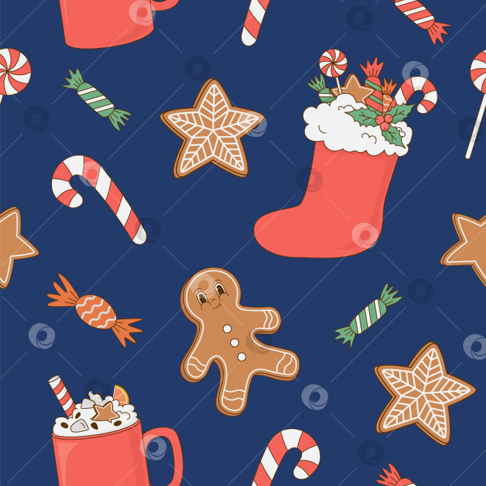 Скачать Рождественский бесшовный узор со сладостями, имбирными пряниками, капучино на синем фоне. фотосток Ozero
