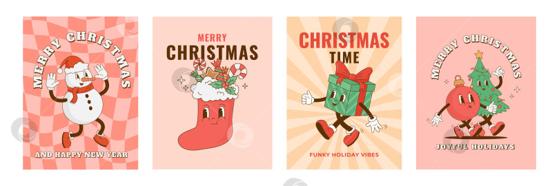 Скачать Набор плакатов с рождественскими персонажами из ретро-мультфильмов. фотосток Ozero