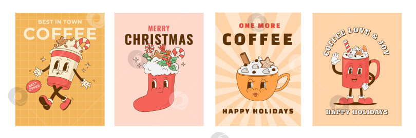 Скачать Набор ретро-мультяшных рождественских плакатов с горячим напитком и чулками. фотосток Ozero