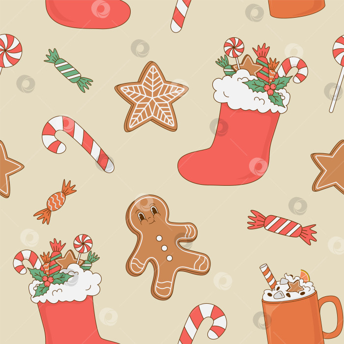 Скачать Винтажный рождественский бесшовный узор со сладостями, пряниками, кофе, конфетами. фотосток Ozero