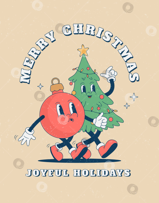 Скачать Ретро мультяшный забавный рождественский плакат с персонажами. фотосток Ozero