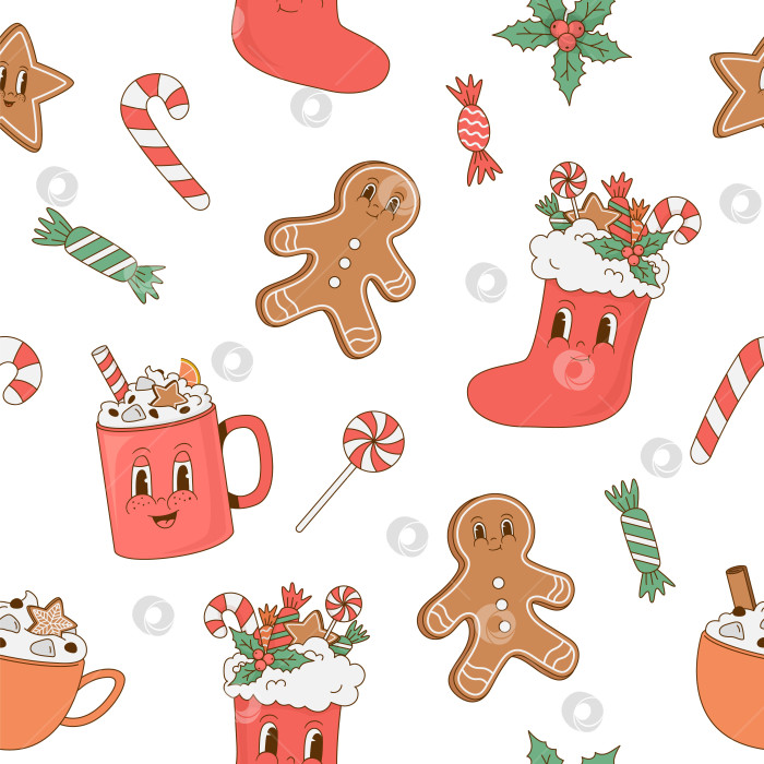 Скачать Винтажный рождественский бесшовный узор со сладостями, пряниками, конфетами, кофе. фотосток Ozero