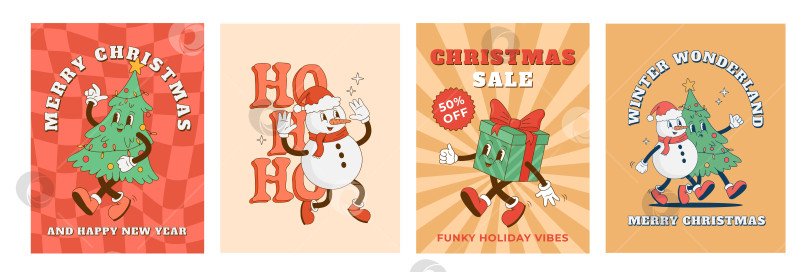 Скачать Набор плакатов с рождественскими персонажами из ретро-мультфильмов. фотосток Ozero