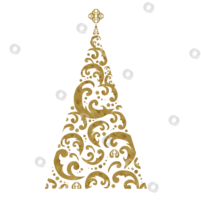 Скачать Нарисованная вручную акварелью декоративная стилизованная рождественская елка с золотистой текстурой. Состоит из золотистых узоров фотосток Ozero