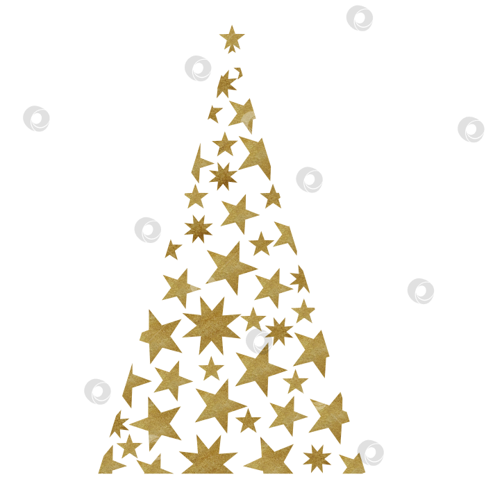Скачать Нарисованная вручную акварелью декоративная стилизованная рождественская елка с золотистой текстурой. Состоит из золотых звездочек фотосток Ozero