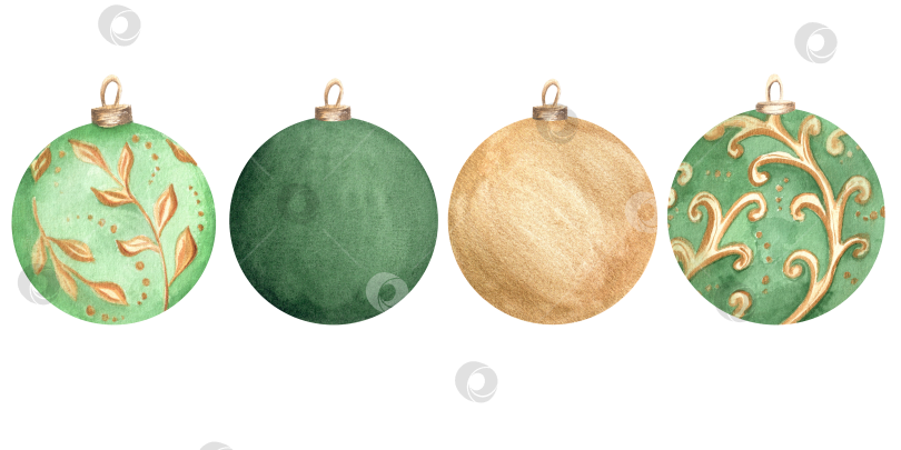 Скачать Рисованная акварельная иллюстрация. Темно-, светло-зеленые и золотистые стеклянные шары для рождественской елки. Два варианта - на белом и прозрачном фоне. фотосток Ozero