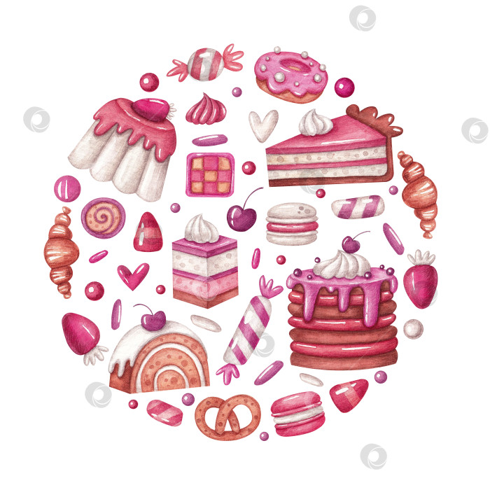 Скачать Композиция с различными сладостями, тортами, десертами и пирожными по кругу. фотосток Ozero