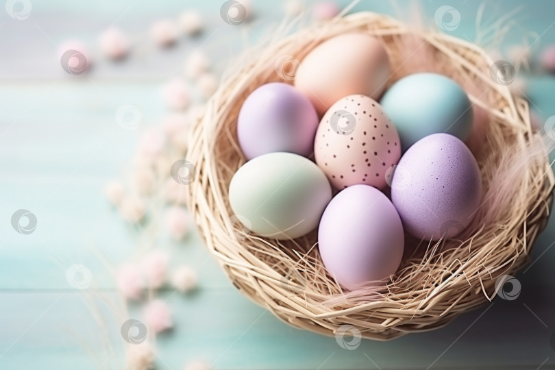 Скачать Красочные пасхальные яйца на фоне корзины фотосток Ozero