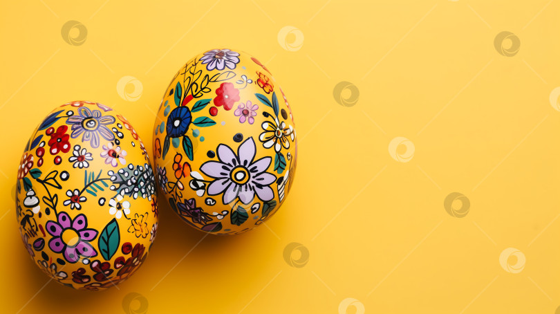 Скачать Красочные пасхальные яйца ручной работы, украшенные желтым фоном фотосток Ozero