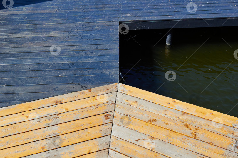 Скачать Фотография деревянного наплавного моста и воды. фотосток Ozero