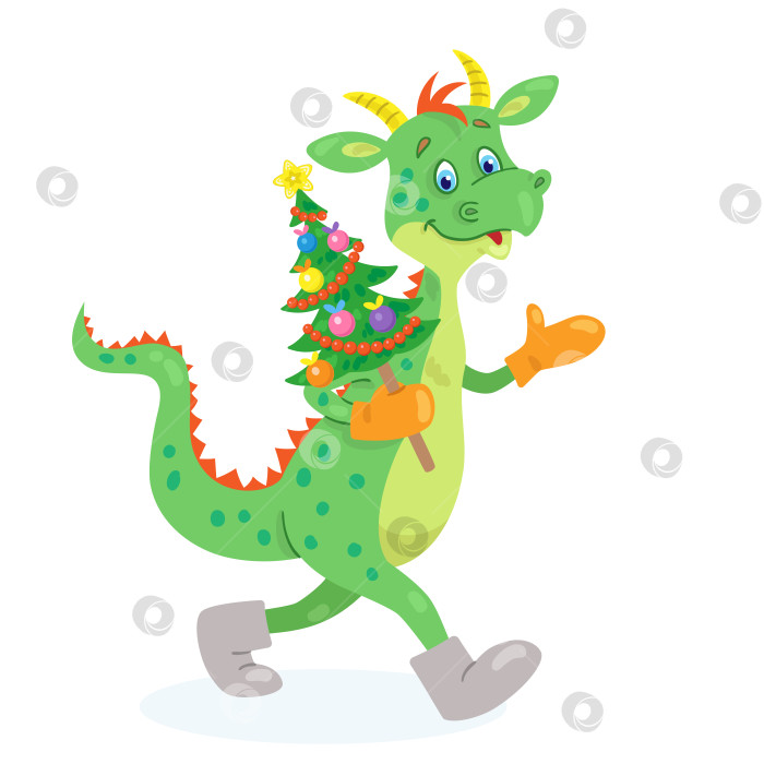 Скачать Забавный маленький дракончик в валенках прогуливается с украшенной рождественской елкой в руках. фотосток Ozero