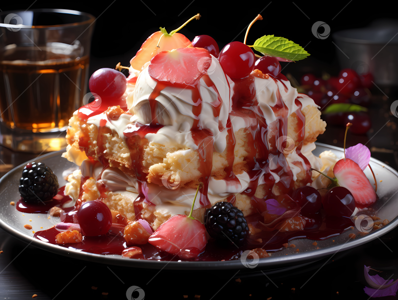 Скачать Аппетитный десерт с садовыми ягодами: ежевика, вишня, клубника и мороженным фотосток Ozero