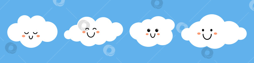 Скачать Векторный набор кавайных белых облаков с лицами на синем фоне. Коллекция милых забавных детских облаков в плоском дизайне. Детские элементы. фотосток Ozero