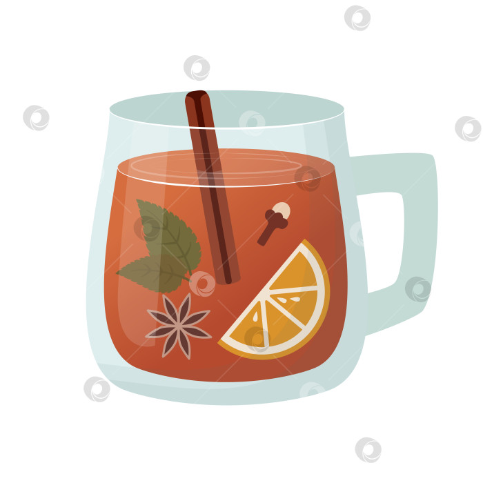 Скачать Стеклянный стаканчик с горячим напитком. Чай, глинтвейн с корицей, мятой, гвоздикой, анисом и апельсином. Плоский мультяшный стиль. фотосток Ozero