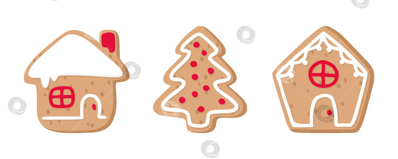 Скачать Набор рождественского печенья с пряничными домиками и елочкой. Плоский мультяшный стиль. фотосток Ozero
