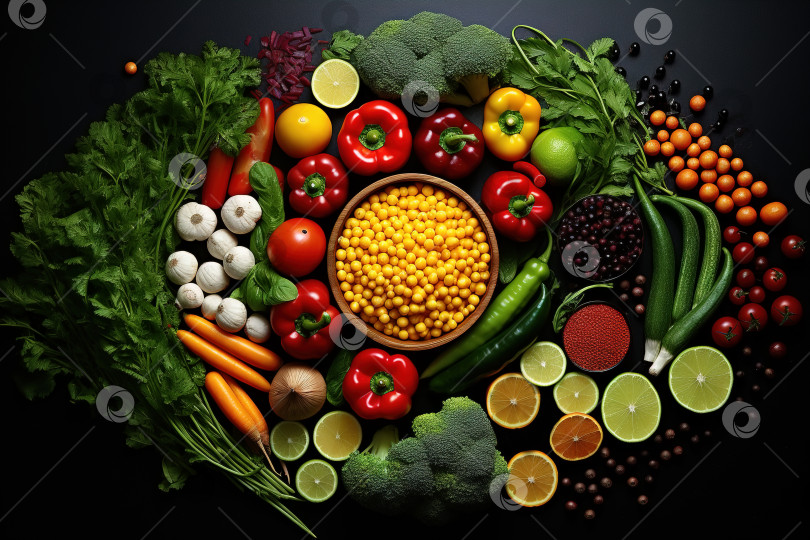 Скачать Концепция вегетарианства. Набор свежих полезных продуктов, вид сверху фотосток Ozero