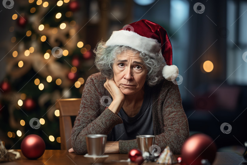 Скачать Грустная пожилая женщина в красной шапочке Санты сидит одна дома во время рождественских каникул и смотрит в камеру. Концепция одиноких и пожилых людей фотосток Ozero